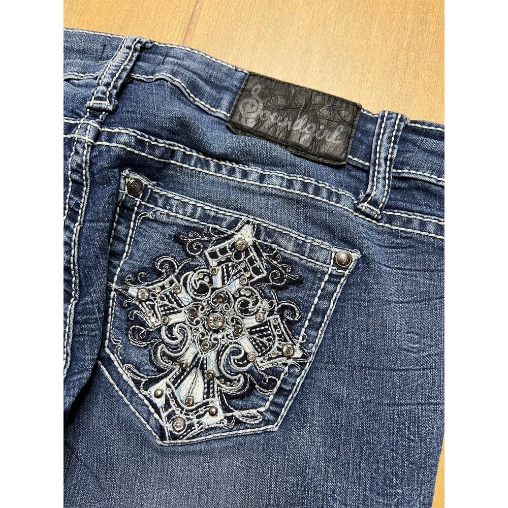 Soundgirl Y2K Rhinestone Cross Bootcut Jeans Low Rise Womens 29x30 Blue - Picture 10 of 12